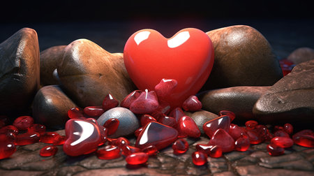 Red heart and stones on a dark background. 3d illustration.