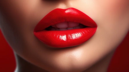 Closeup shot of beautiful female lips with red lipstick on red backgroundの素材