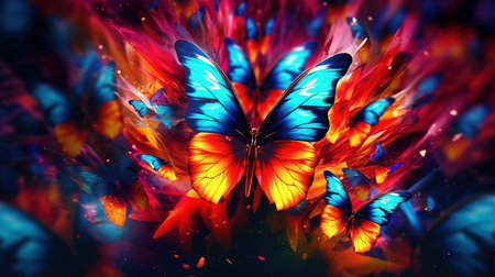 Beautiful butterfly on colorful background. 3d rendering, 3d illustration.の素材