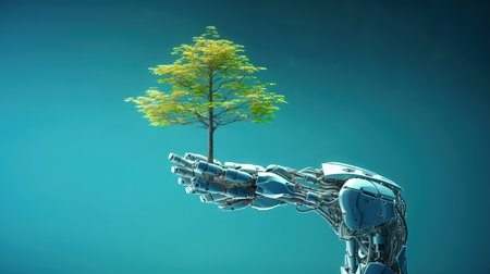 3d rendering humanoid robot hand holding tree on blue background with copy spaceの素材