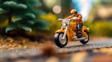 Miniature people: Funny motorcycle rider on the road in the parkの素材