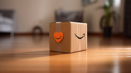 3D Illustration of a cardboard box with a smiley faceの素材