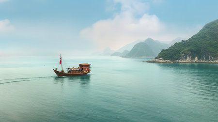 Traditional longtail boat in the sea, Vietnam. Panoramic viewの素材