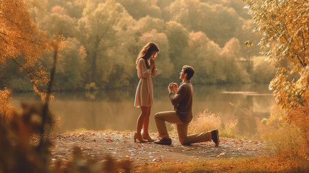 Young couple in love on the bank of the lake in autumn.の素材