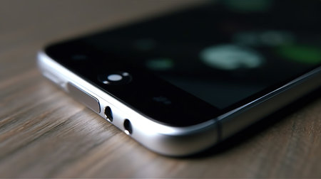 Smartphone on the wooden table. Focus on the screen. Close up.の素材