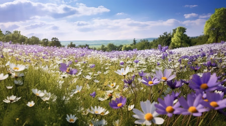 Field of purple and white daisies with blue sky and cloudsの素材