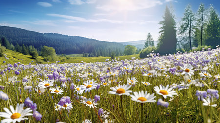 Beautiful meadow with daisies in the Carpathian mountainsの素材