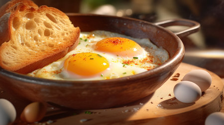 Fried eggs in a frying pan on a wooden table with breadの素材
