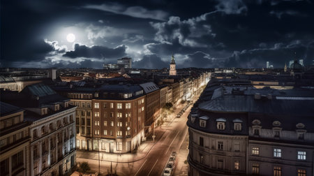 Panoramic view of the old town of Lviv at nightの素材