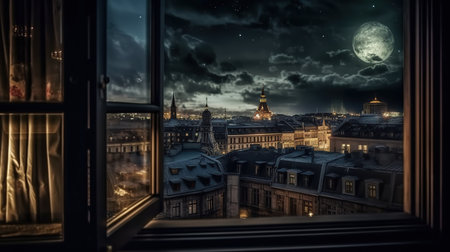 Night view of the old city of Lviv from the window.の素材