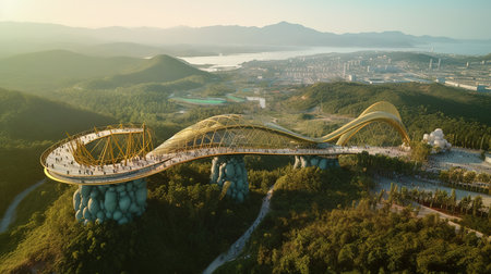 3D rendering of a bridge over the river in the city.の素材