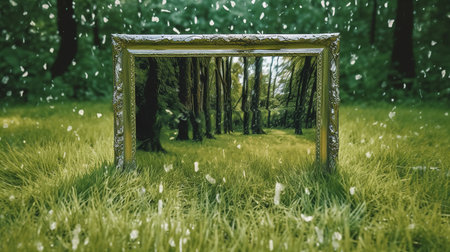 Wooden photo frame in the forest with falling snow and raindropsの素材