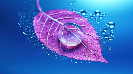 Wedding rings on a red leaf with water drops on a blue backgroundの素材