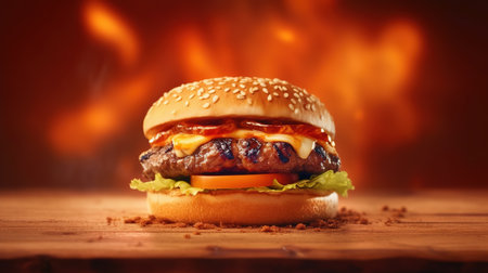 Cheeseburger on wooden table with fire flames in background.の素材