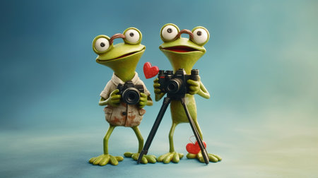 Frogs holding a camera and a heart on a blue backgroundの素材