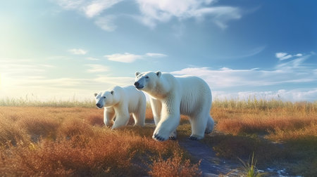 Polar bear (Ursus maritimus) mother and cub on the north pole.の素材