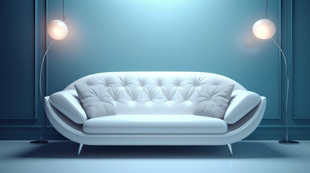 Comfortable sofa in blue room with floor lamp. 3D renderingの素材