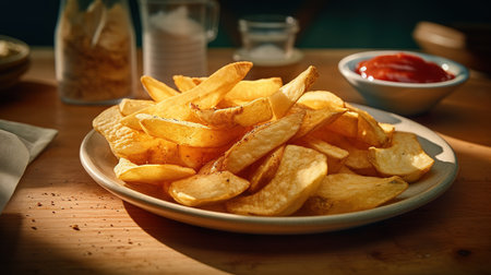 Potato chips on a plate with ketchup on a wooden tableの素材