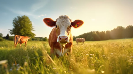 Cows grazing in the meadow at sunset. Nature background.の素材