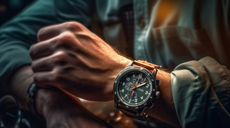 Close up of male hands with wristwatch. Men's fashion and beauty concept.の素材