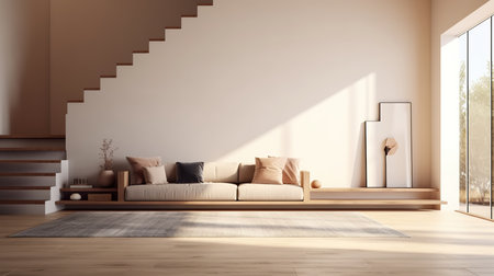Interior of modern living room with beige walls, wooden floor, brown sofa and coffee table. 3d renderingの素材