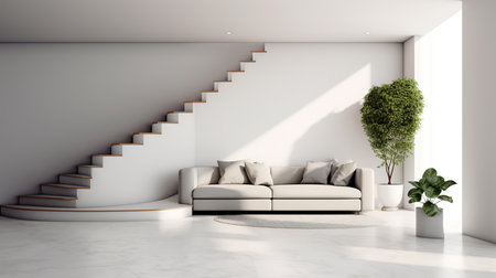 Interior of modern living room with white walls, concrete floor, comfortable white sofa and plant. 3d renderingの素材