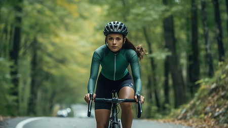 Cyclist Riding the Bike on the Road in the Beautiful Forestの素材