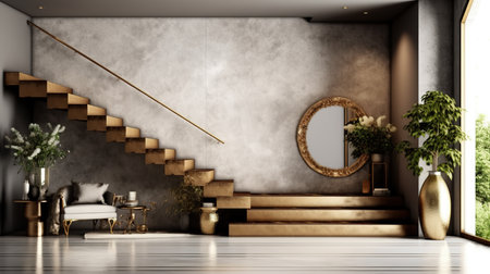 modern living room with wooden stairs and plant 3d rendering mock upの素材