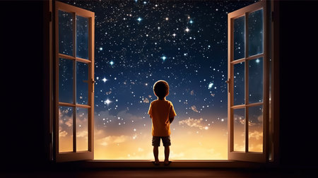 Little boy looking out of the window at night sky with stars.の素材