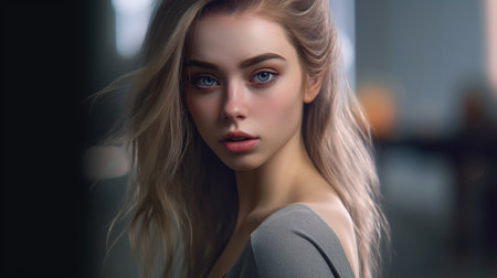 Portrait of a beautiful young woman with blond hair and blue eyesの素材
