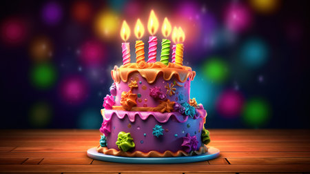 Birthday cake with candles on colorful bokeh background 3D renderingの素材