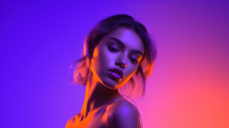 Fashion portrait of young beautiful woman in neon light. Studio shot.の素材
