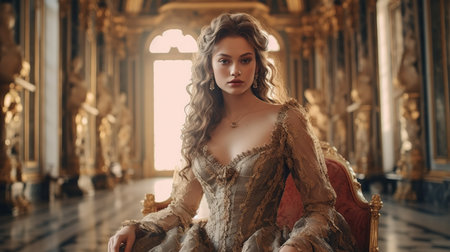 Portrait of a beautiful young woman in luxurious dress. Vintage interior.の素材