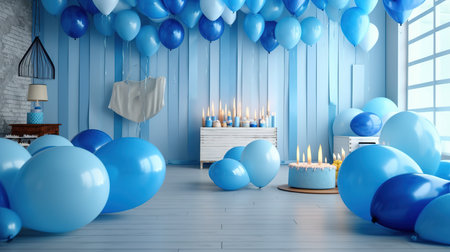 Blue balloons and candles in living room. 3d render. Birthday party conceptの素材