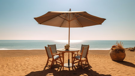Table and chairs on the beach at sunset. 3d rendering.の素材