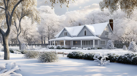 3D rendering of a beautiful classic american house in winter landscapeの素材