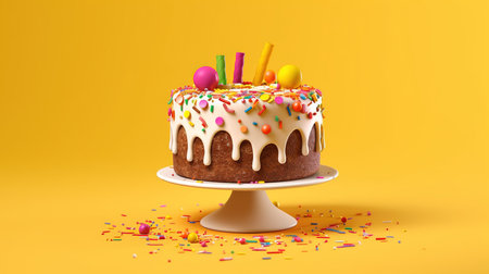 Birthday cake with colorful eggs and sprinkles on a yellow backgroundの素材