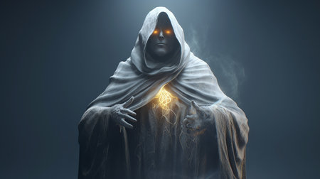 Mysterious man with glowing light on his face. Mixed mediaの素材