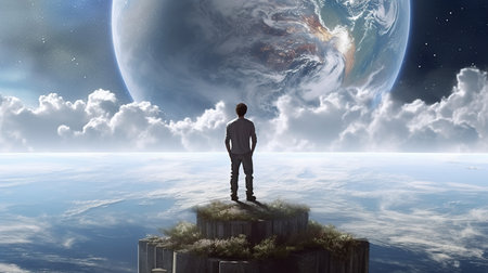Conceptual image of businessman standing on top of the planet.の素材