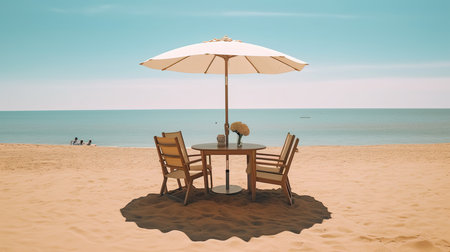Table and chairs on the beach. 3d illustration. Vintage style.の素材