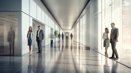 Business people walking in the hallway of modern office building. 3D renderingの素材