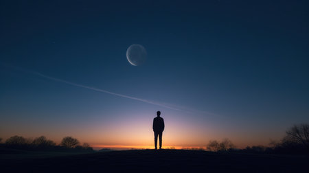 A young man looking at the moon in the night sky. The silhouette of a man on the background of the moon.の素材