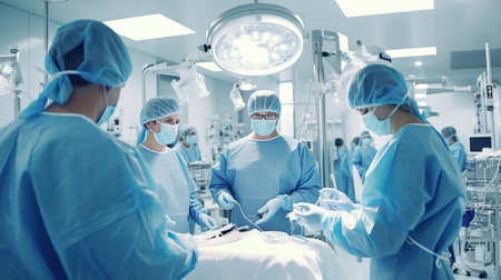 Team surgeon at work in operating room. Group of surgeons in operating room with surgery equipment.の素材