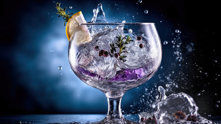 Cocktail splashing into a glass with ice and berries on a dark backgroundの素材