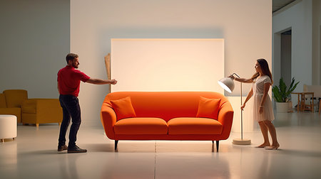 Young couple choosing a sofa in a modern living room. Collageの素材