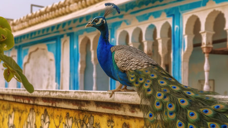 Peacock on the wall in Jaipur, Rajasthan, Indiaの素材