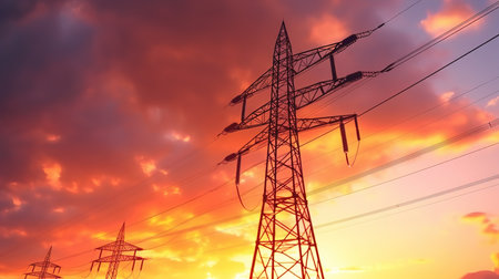 High voltage power lines and pylons at beautiful sunset sky.の素材