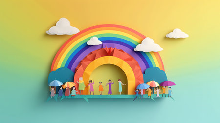 Rainbow and group of people with umbrella on rainbow background. Paper art and craft style.の素材