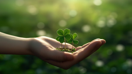 Human hand holding green clover leaf on blurred nature background with bokeh.の素材