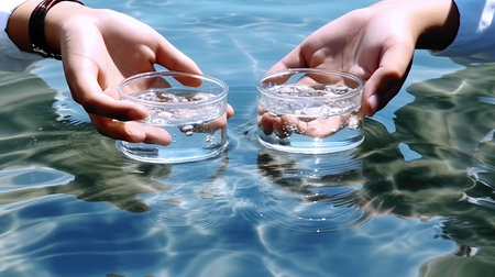 Two hands holding a petri dish on the surface of the waterの素材